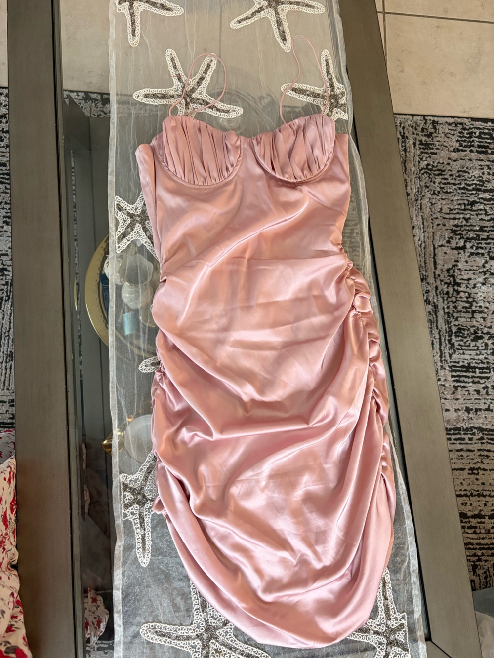 Meshki Satin Blush Pink Ruched Bust Slip Dress